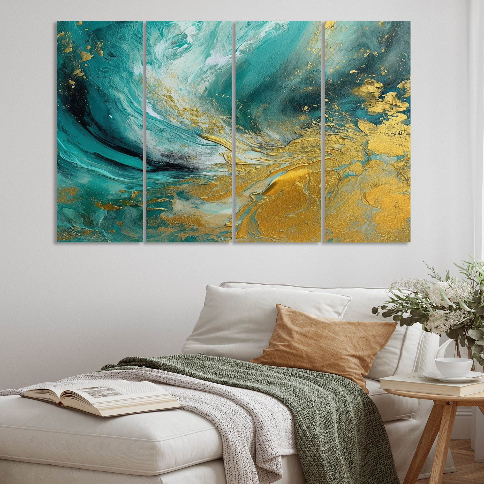 Design Art Golden Turquoise Waves Breaking Abstract III 4 Pieces | Wayfair